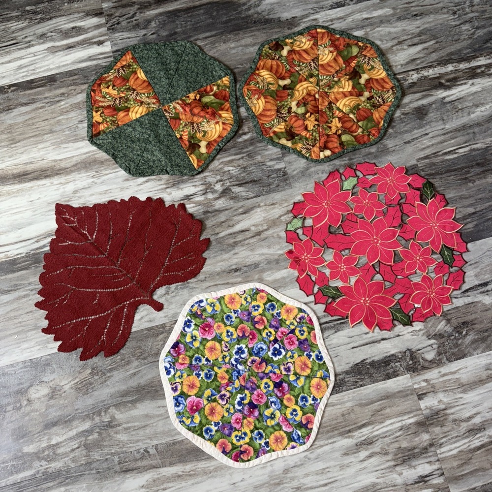 Mixed Lot Of 5 Holiday Fall Thanksgiving Pointsetta Round Placemats Stains Read